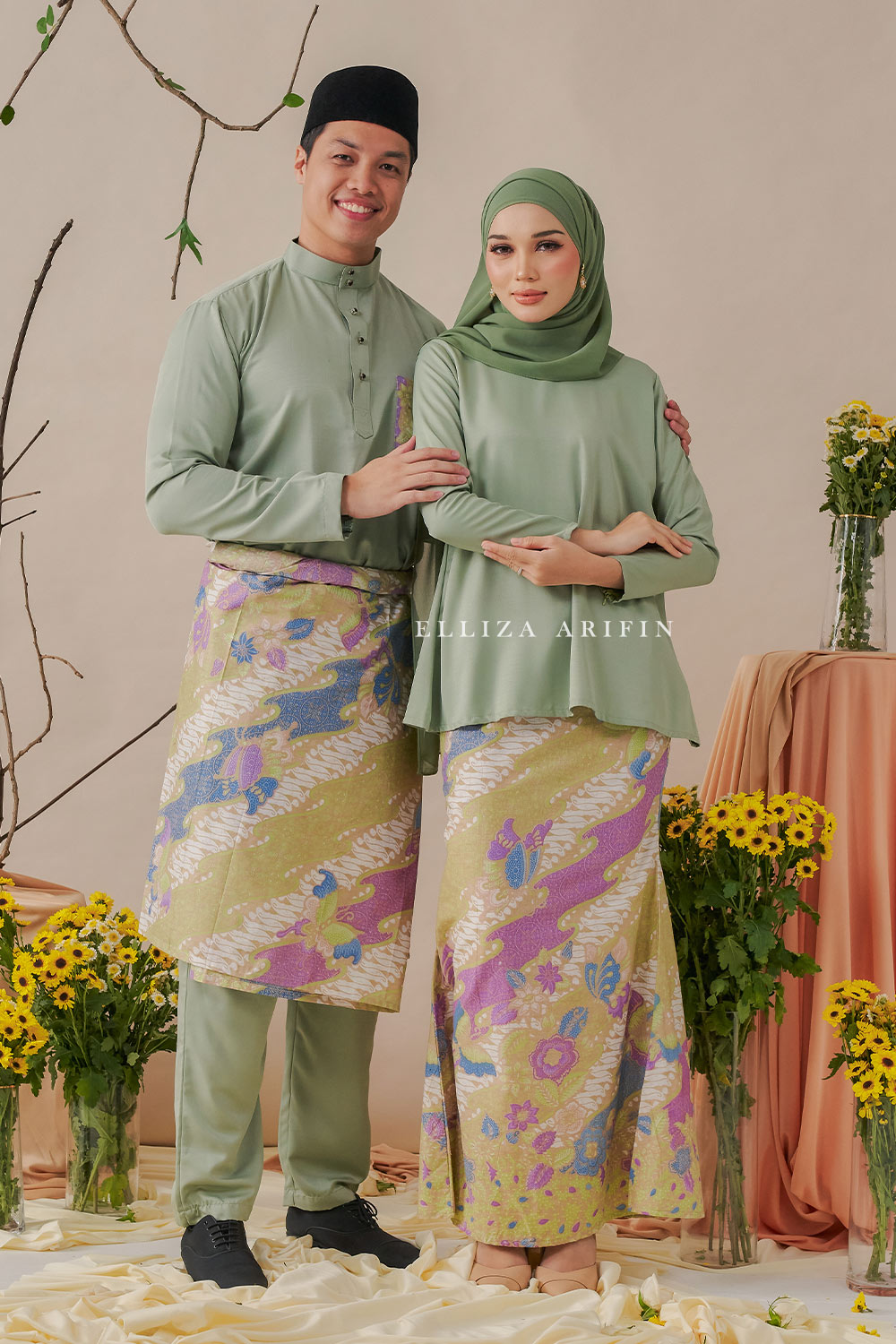 Baju Melayu Batik in Sage Green