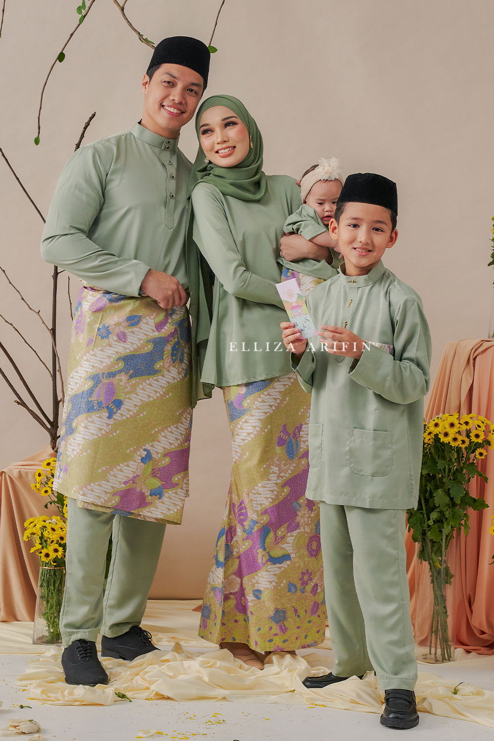 Baju Melayu Batik in Sage Green