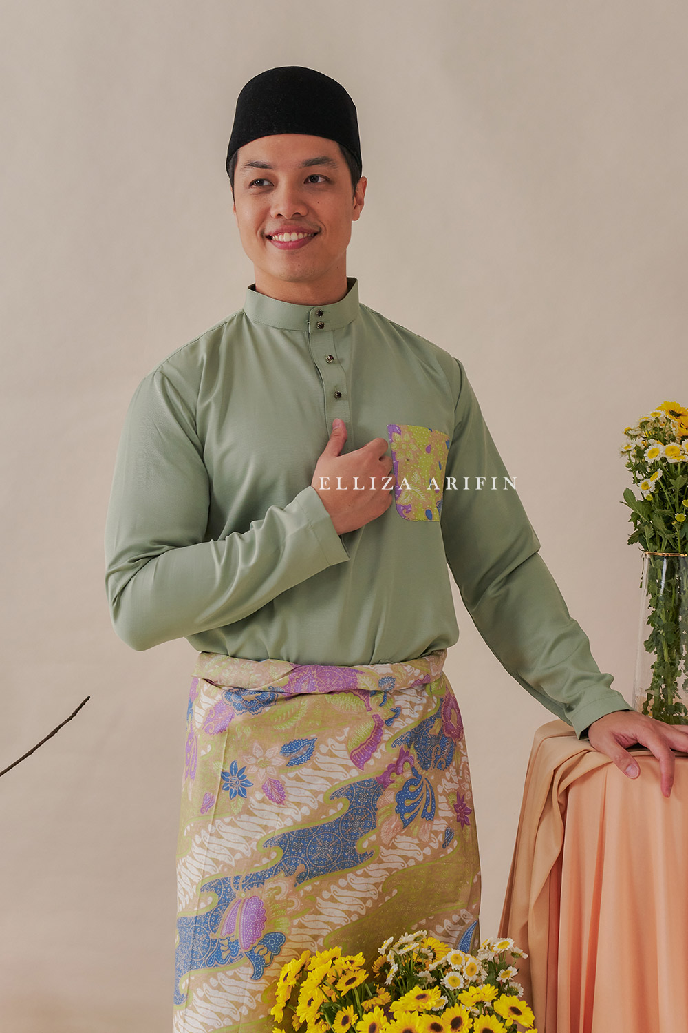 Baju Melayu Batik in Sage Green