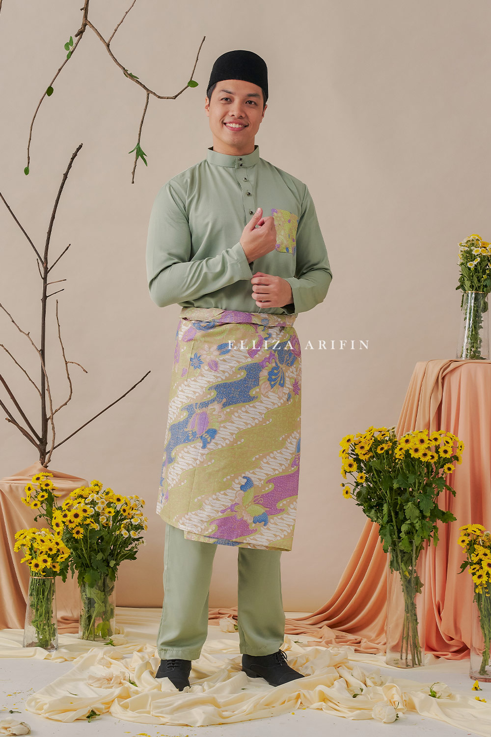 Baju Melayu Batik in Sage Green