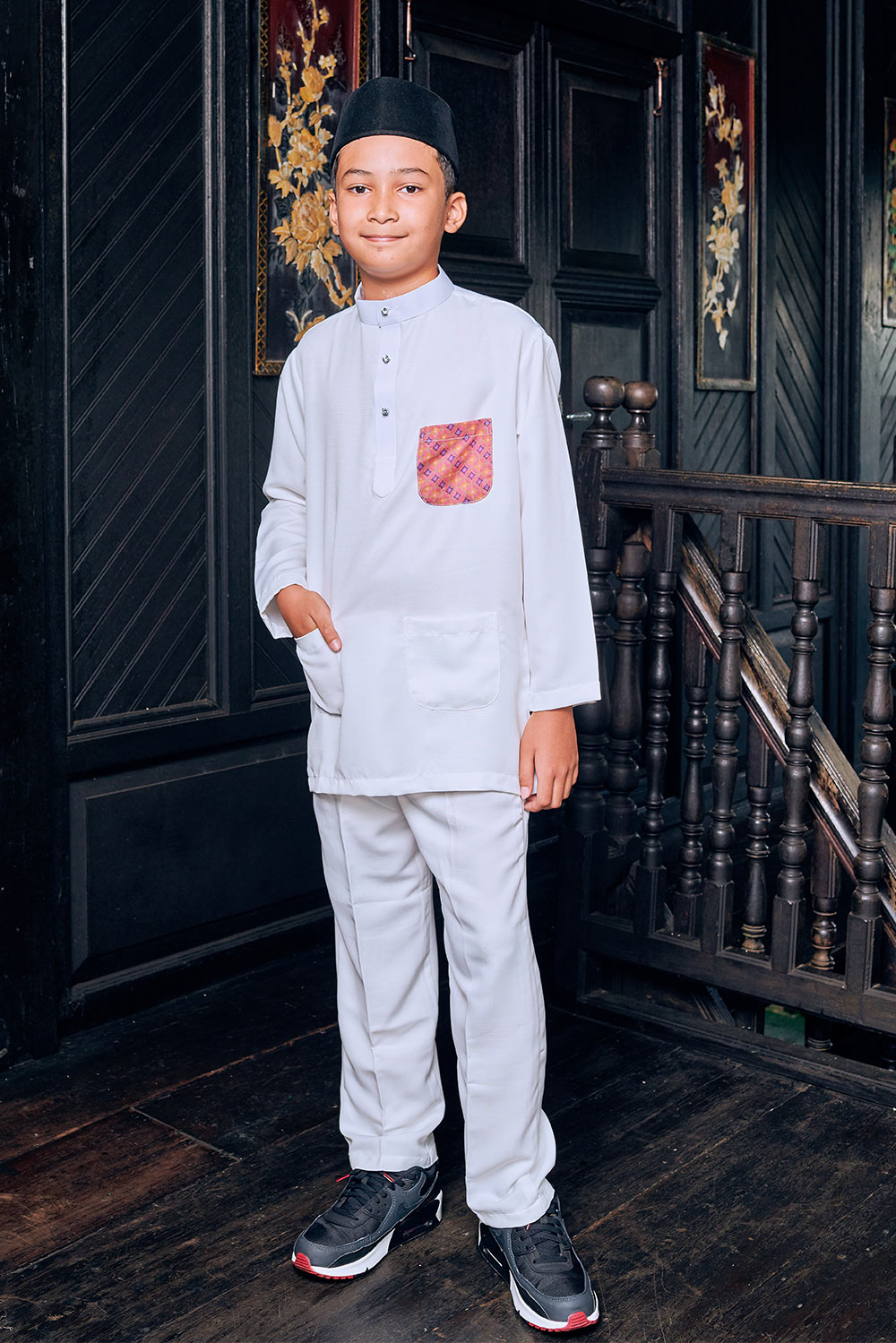 Baju Melayu Batik Kids in White
