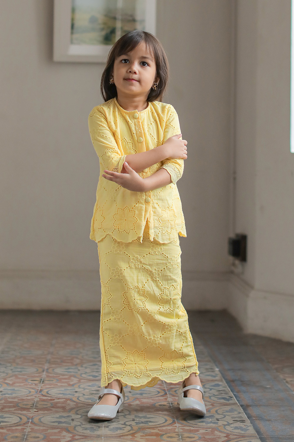 Eyelet Kurung Kids In Pastel Yellow