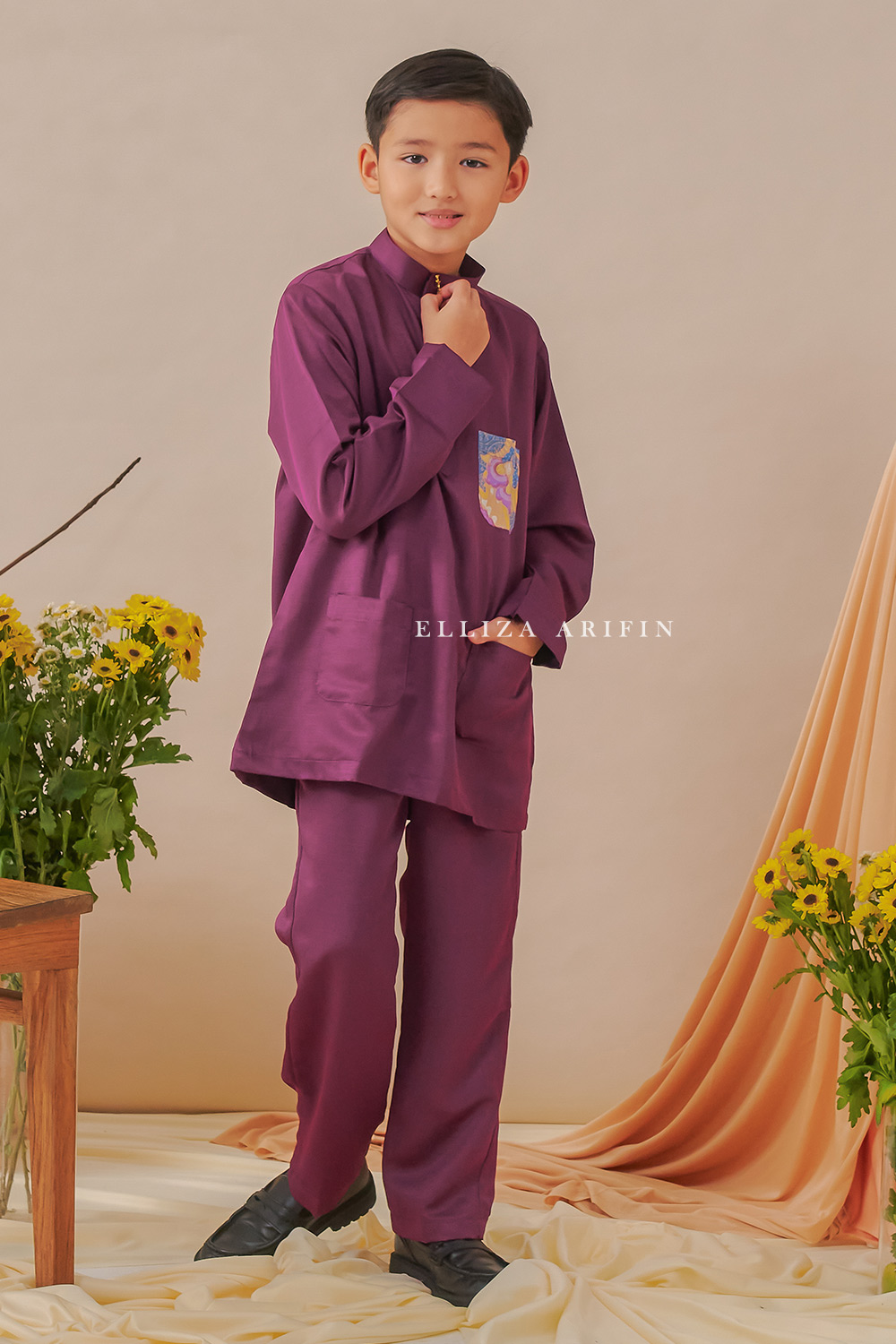 Baju Melayu Batik Kids in Burgundy
