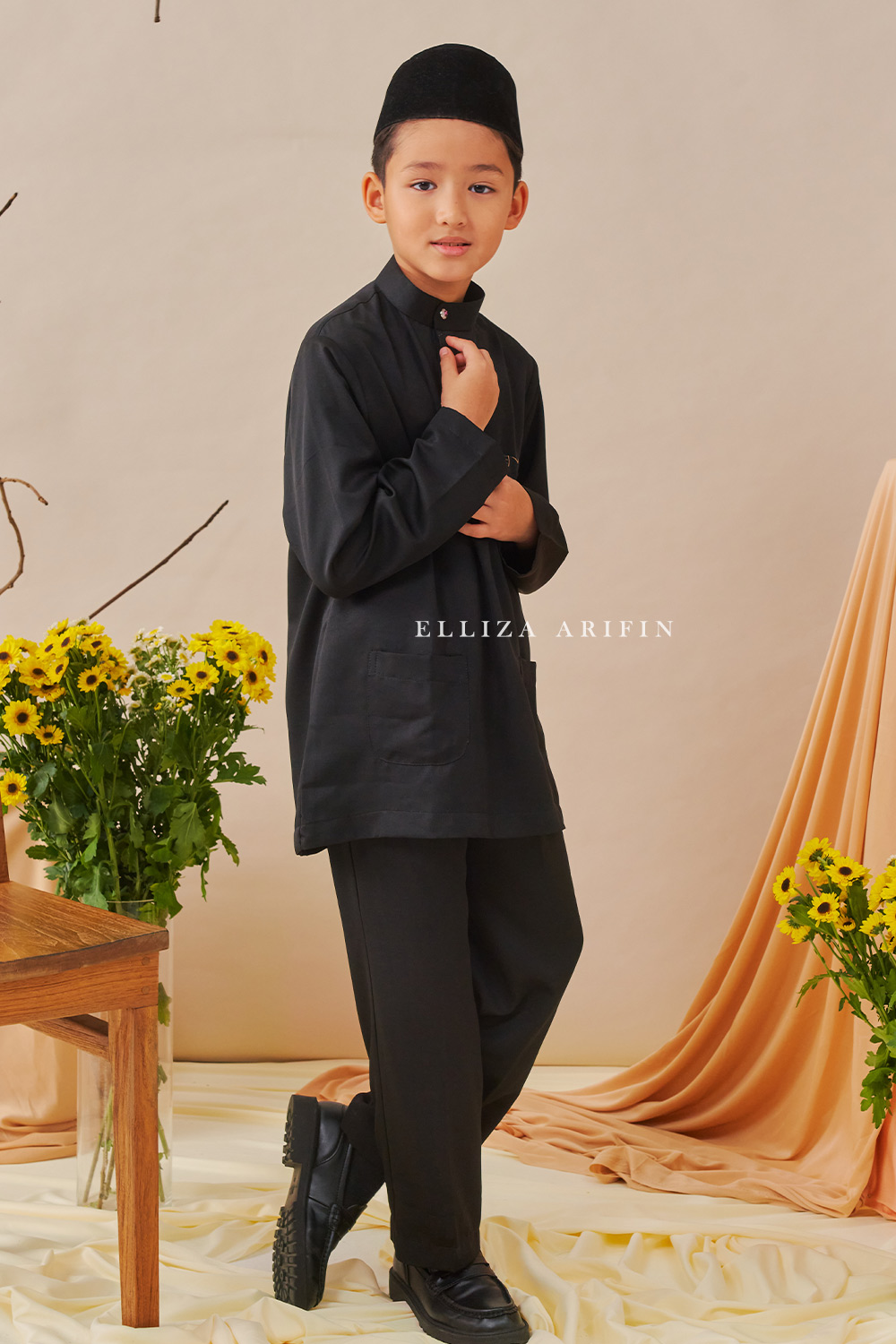 Baju Melayu Batik Kids in Jet Black