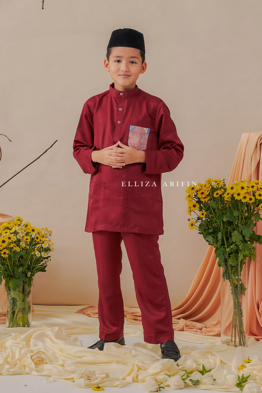 Baju Melayu Batik Kids in Maroon