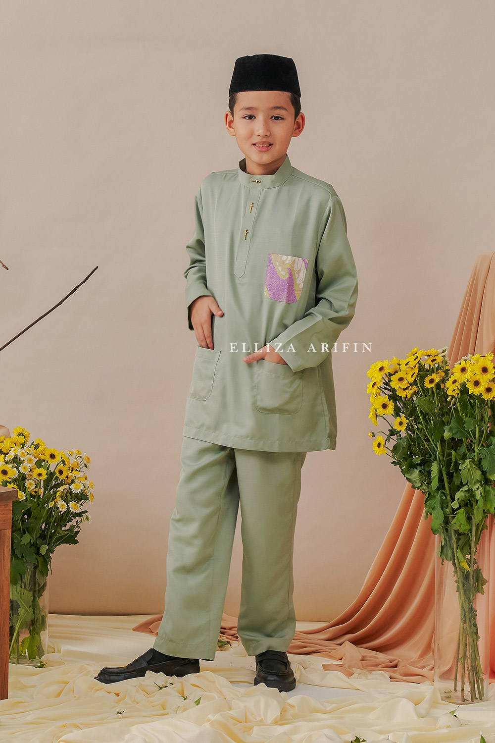 Baju Melayu Batik Kids in Sage Green