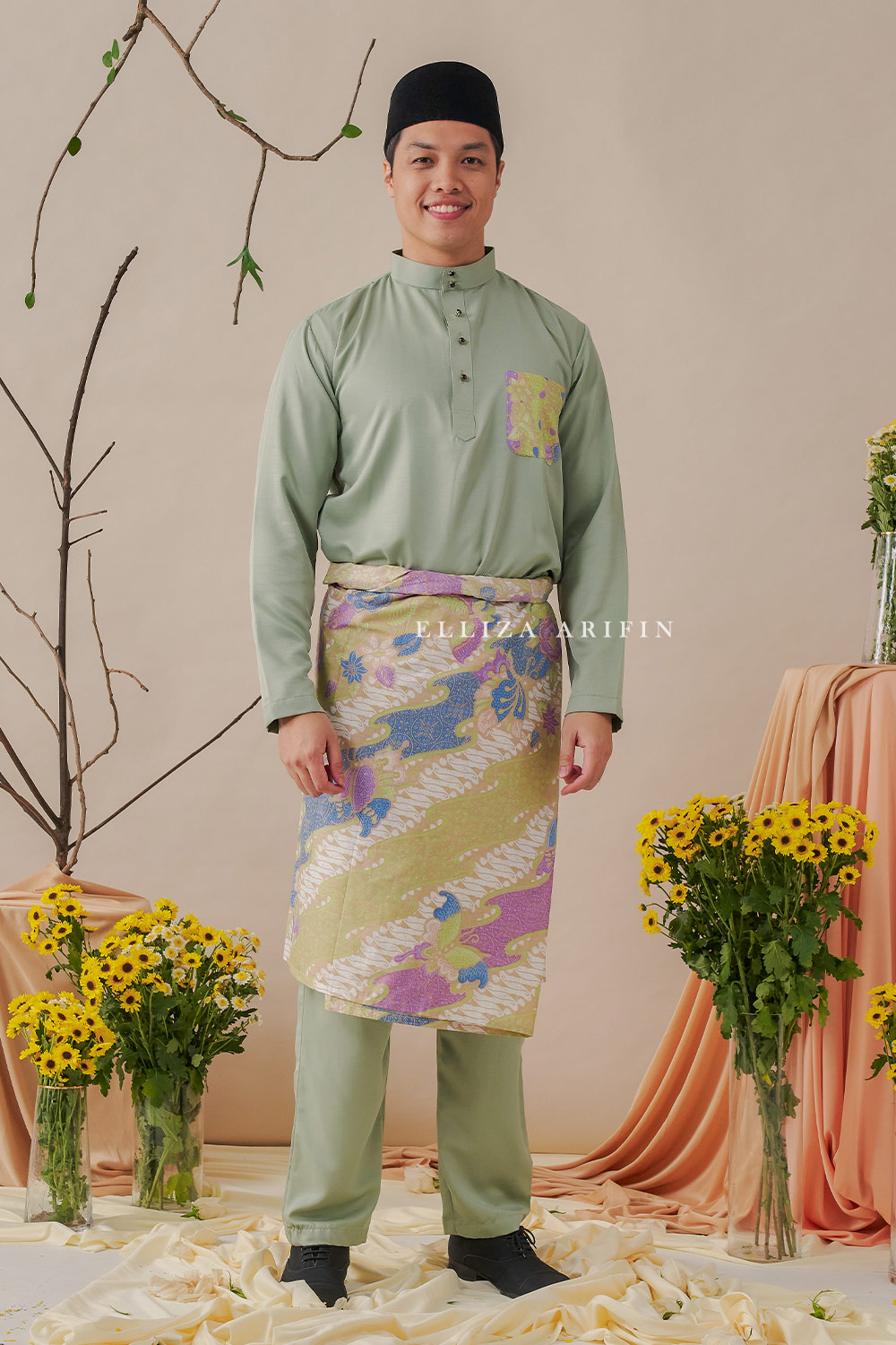 Baju Melayu Batik in Sage Green